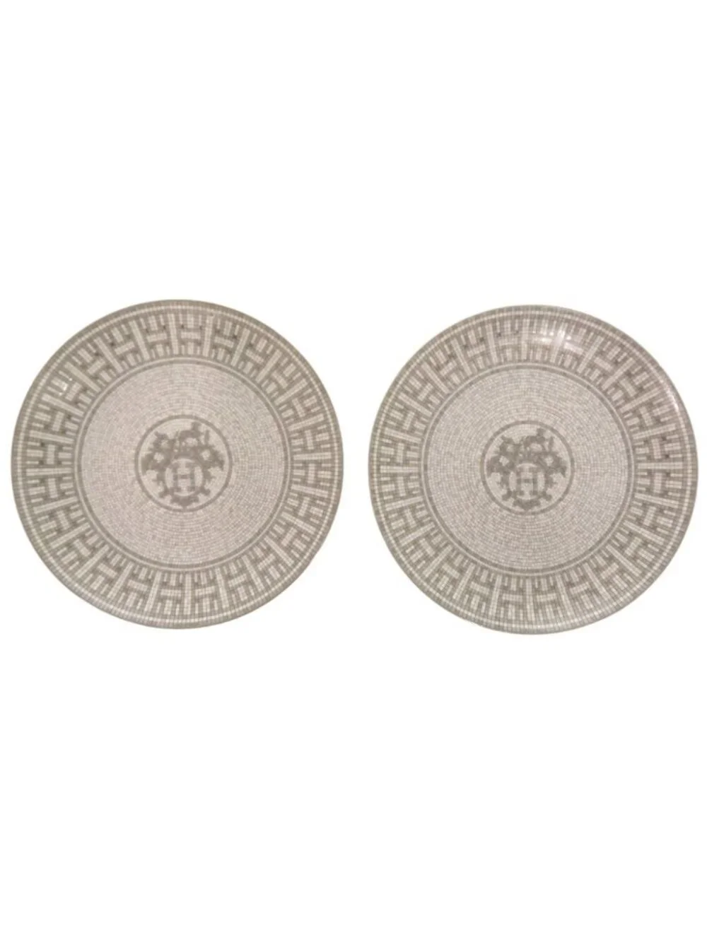Hermes Mosaic 24 Platinum Ceramic Gray Leather Dessert Plate